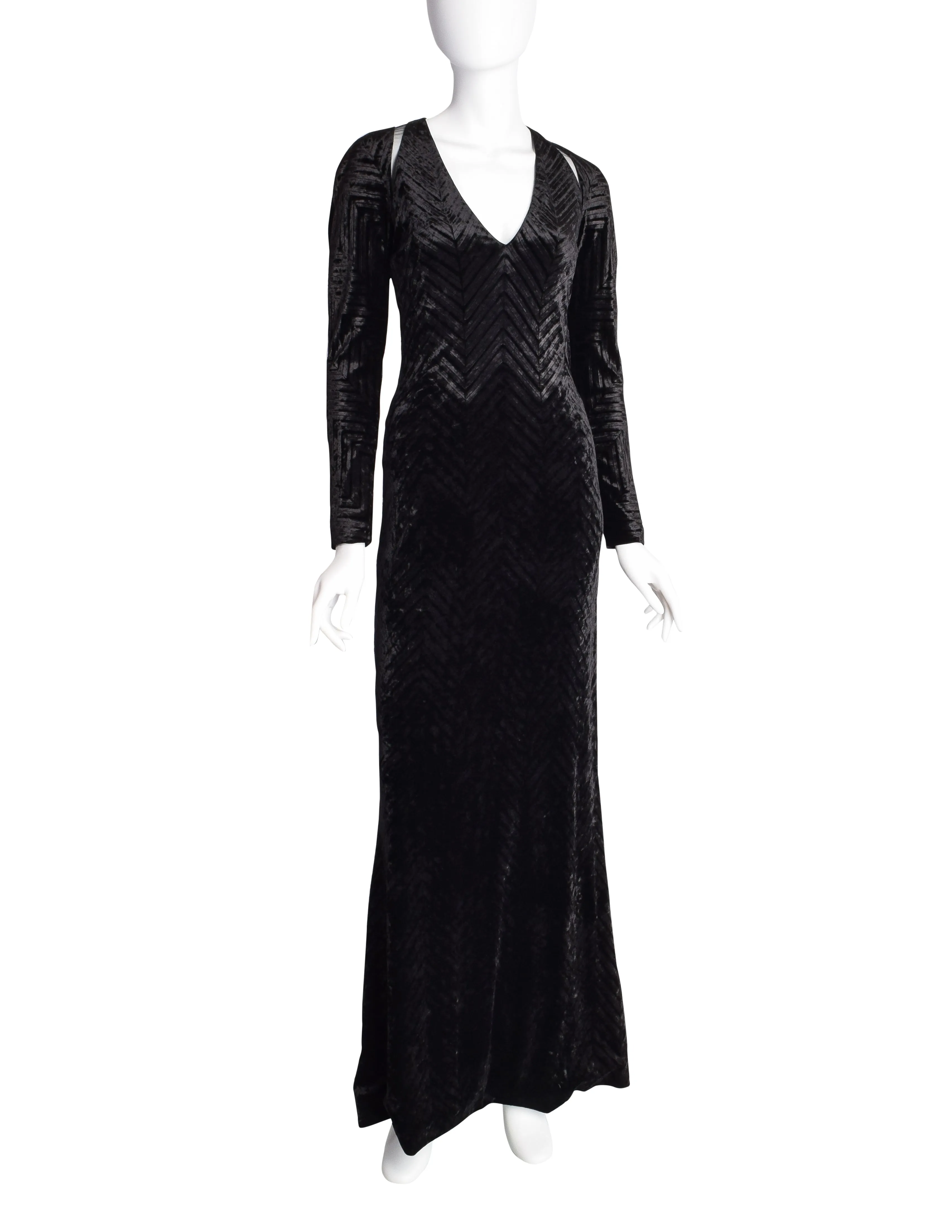 Gianni Versace Vintage Black Chevron Velvet Cutout Maxi Dress