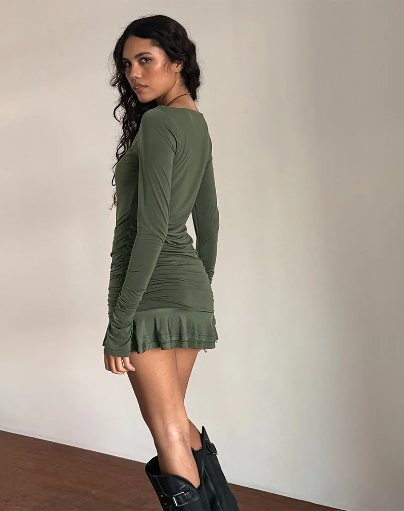 Gillian Long Sleeve Mini Dress in Slinky Khaki