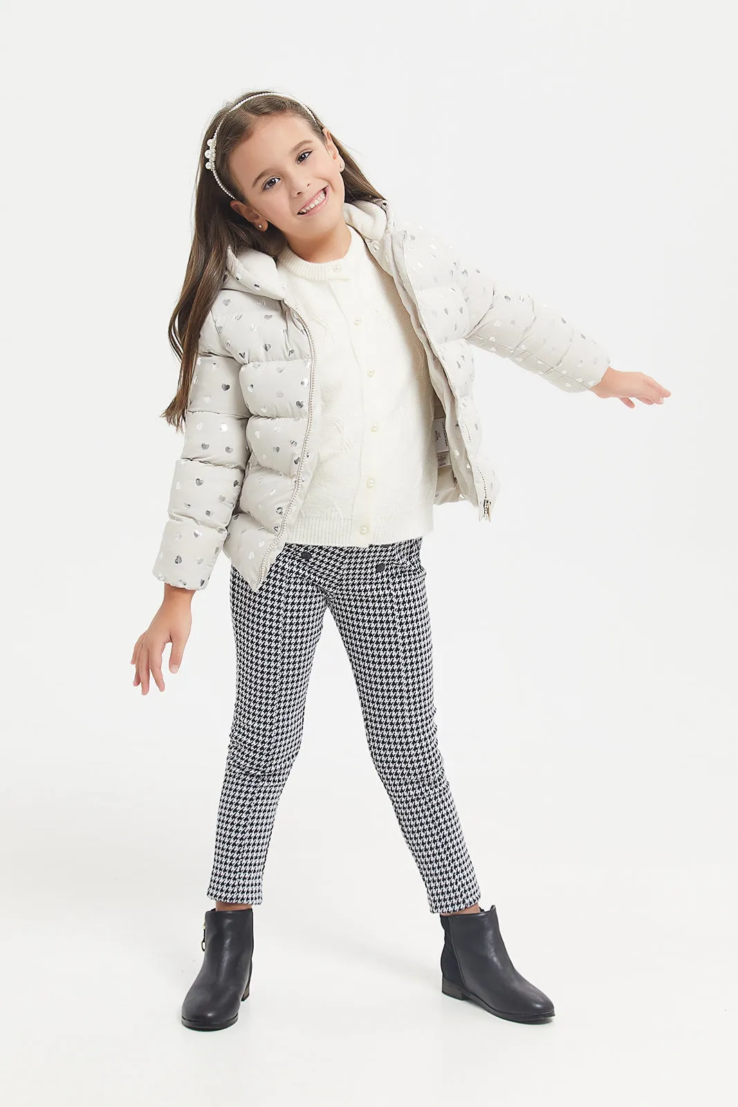 Girls Beige Printed Padded Jacket