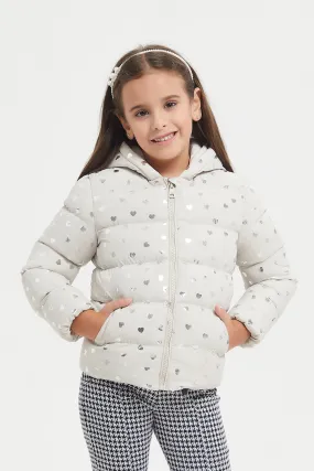 Girls Beige Printed Padded Jacket