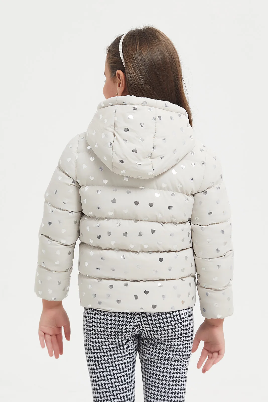 Girls Beige Printed Padded Jacket