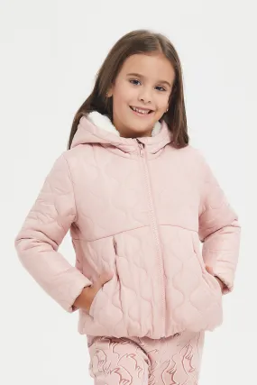 Girls Pink Quilted Padded Jacket With Hood