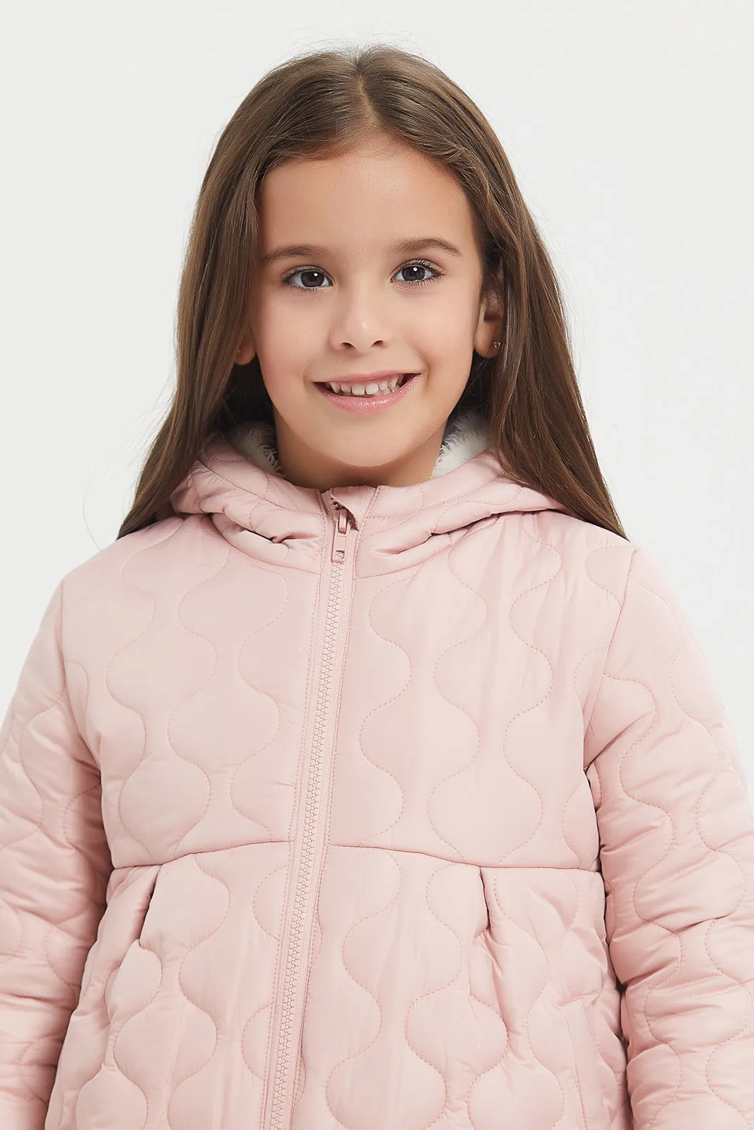 Girls Pink Quilted Padded Jacket With Hood