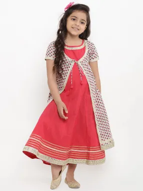 Girl's Red Self Design Fit And Flare Dress  - NOZ2TOZ KIDS