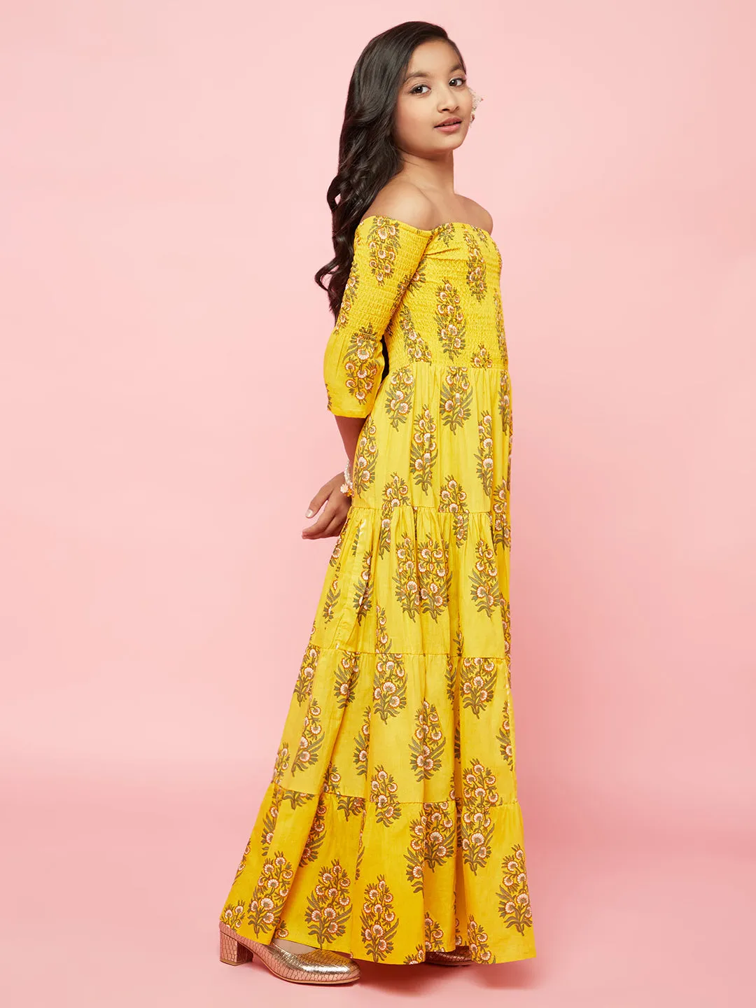 Girl's Yellow Floral Print Tiered Maxi Dress - Aks Girls