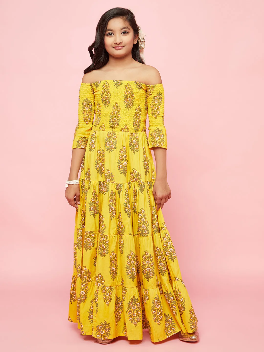 Girl's Yellow Floral Print Tiered Maxi Dress - Aks Girls