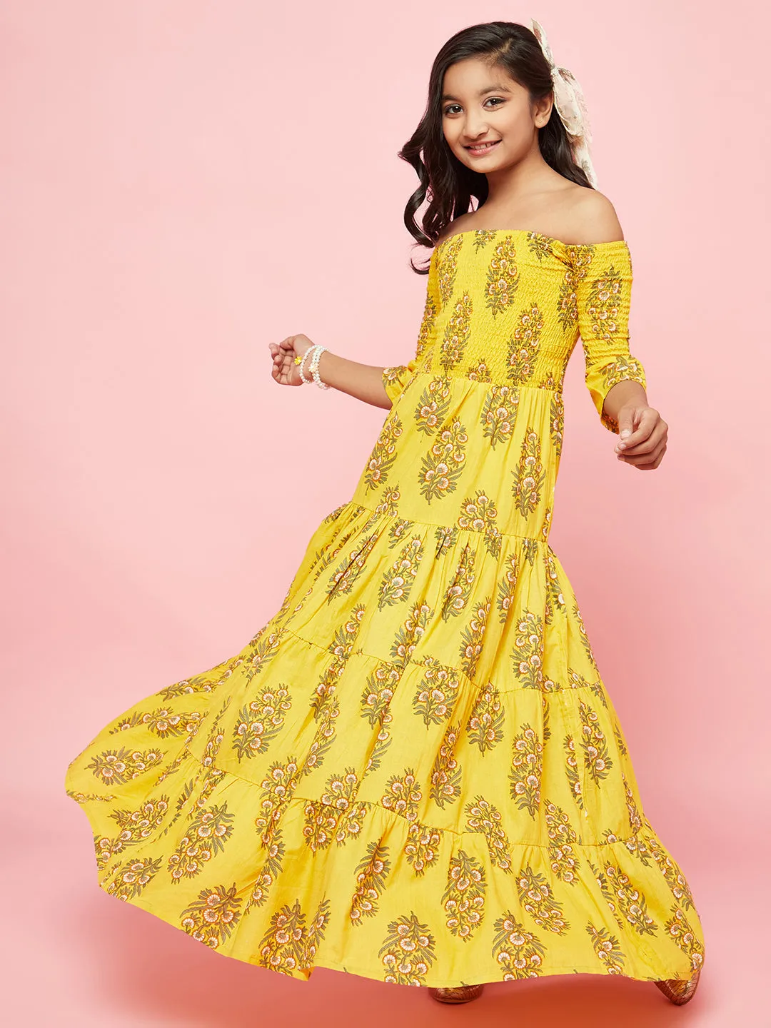 Girl's Yellow Floral Print Tiered Maxi Dress - Aks Girls