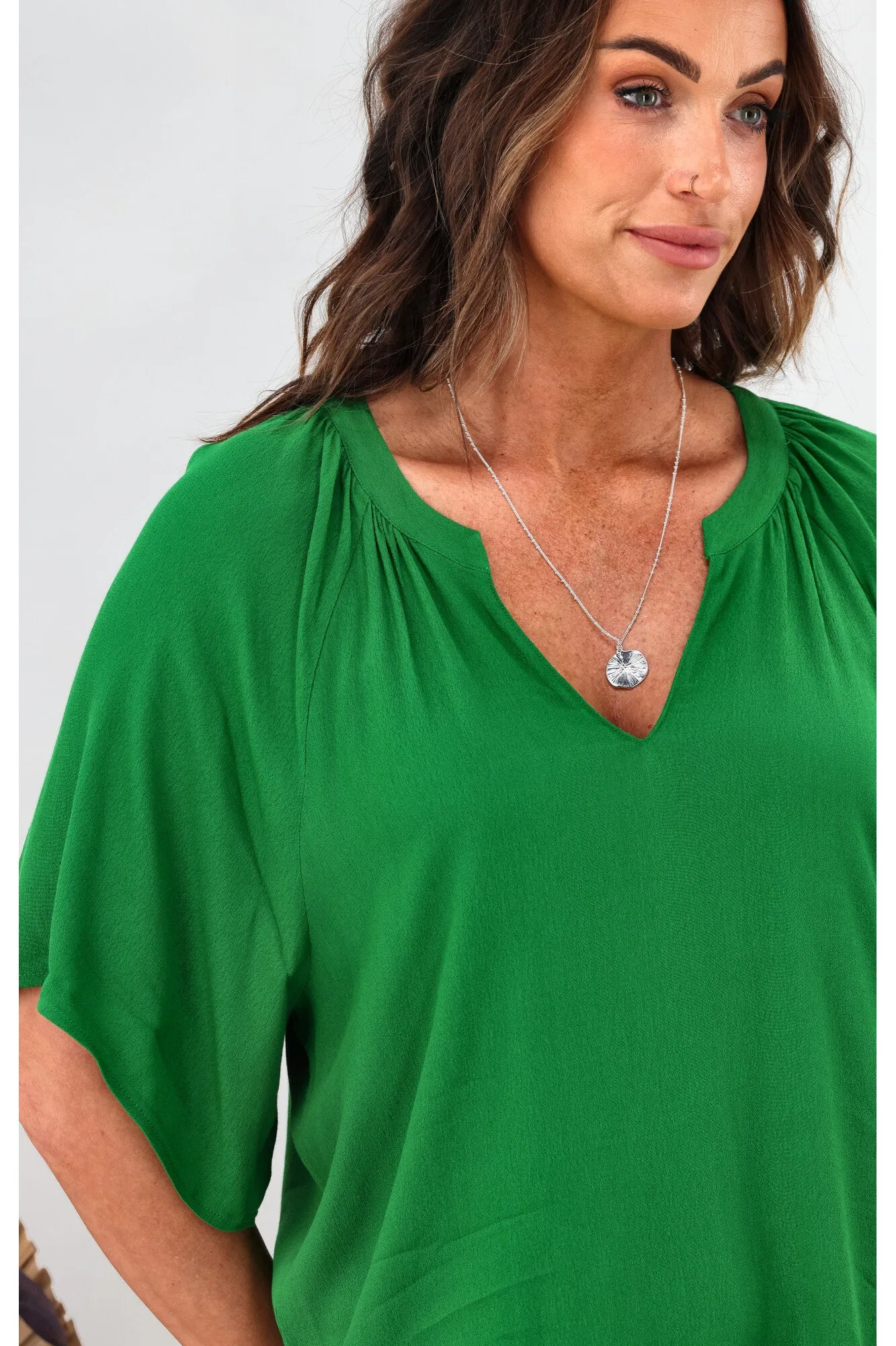 Gloss by Shine On Maive Raglan Flutter Sleeve Top Green