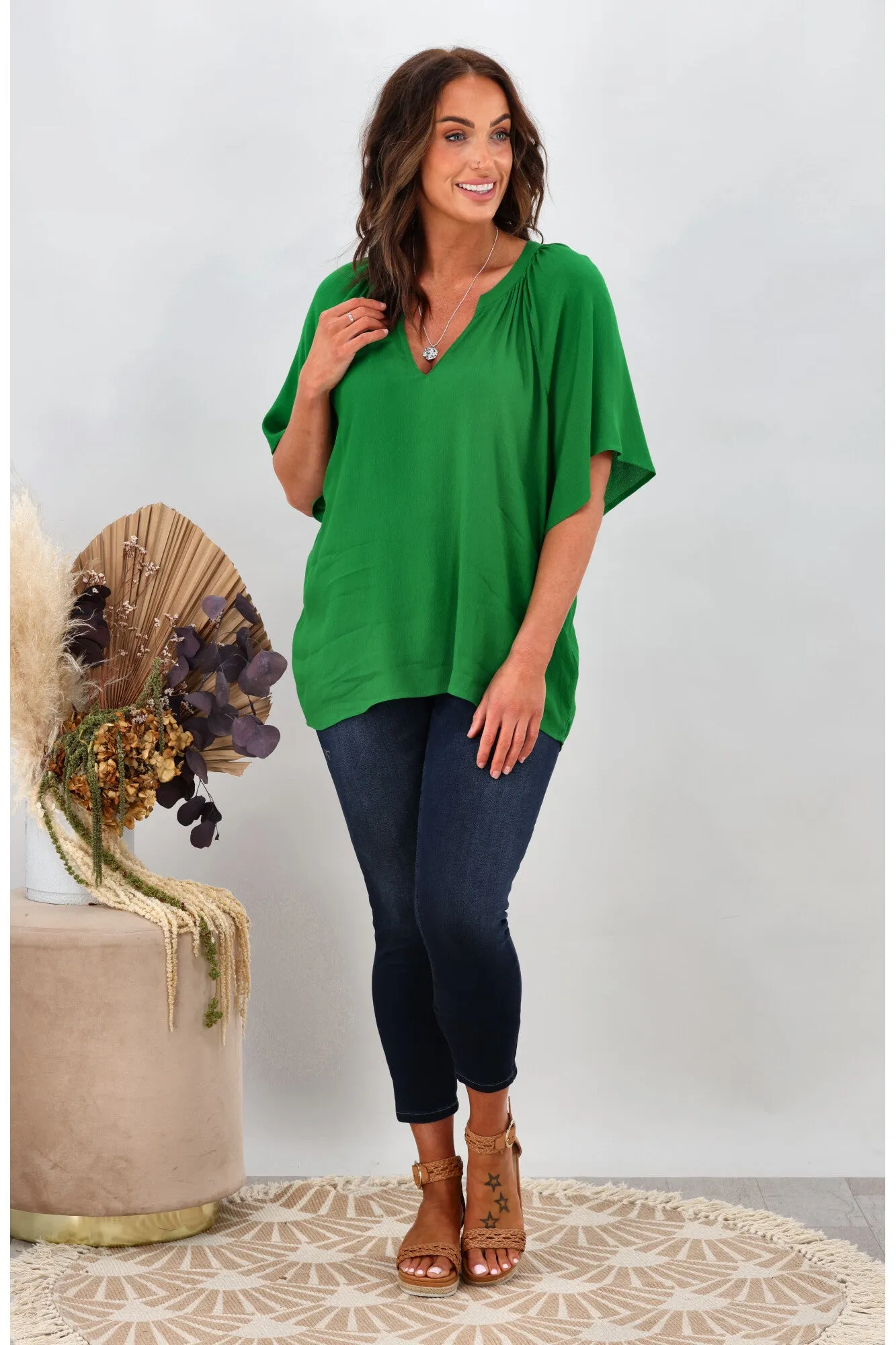 Gloss by Shine On Maive Raglan Flutter Sleeve Top Green