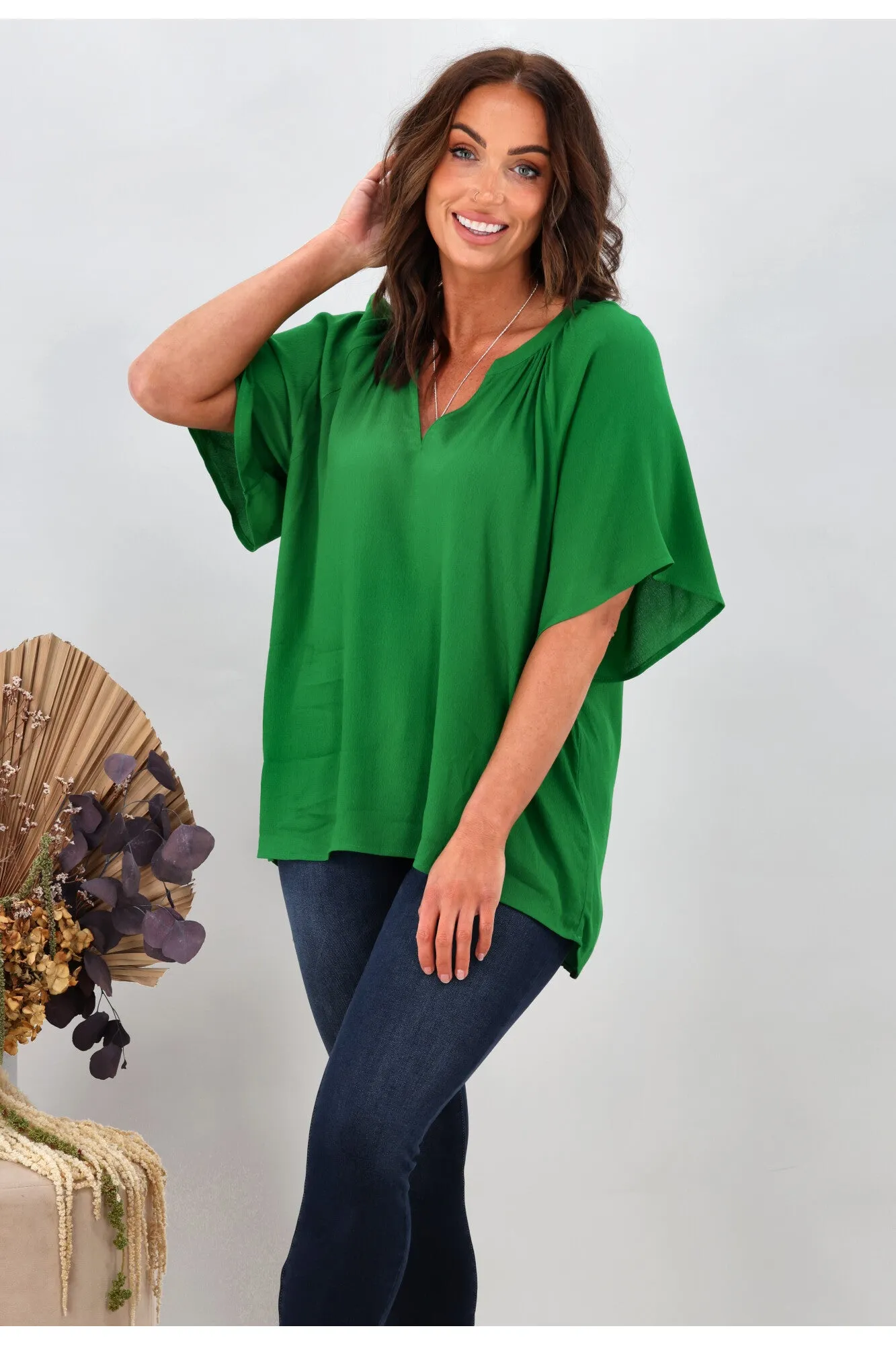 Gloss by Shine On Maive Raglan Flutter Sleeve Top Green