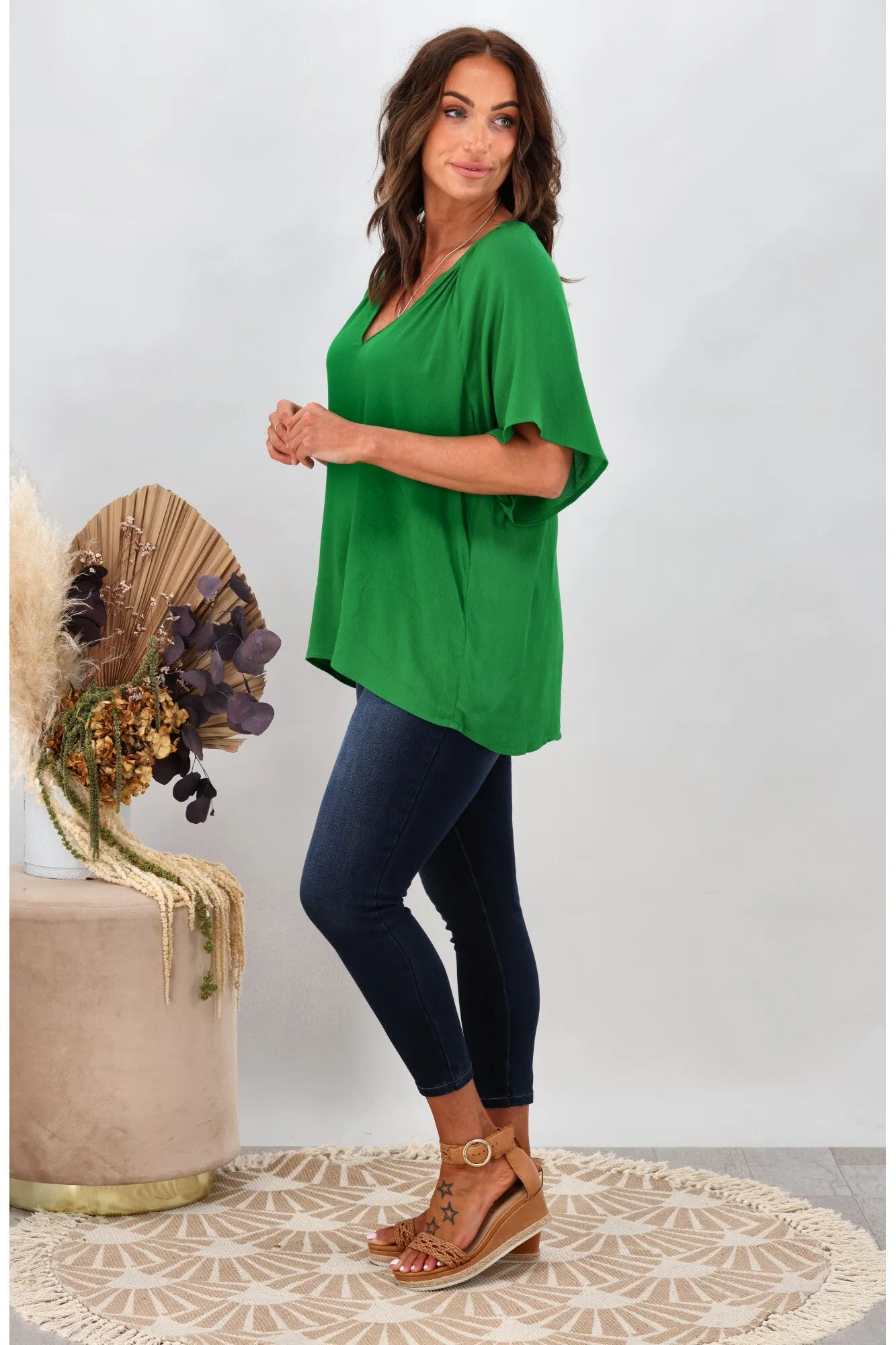 Gloss by Shine On Maive Raglan Flutter Sleeve Top Green