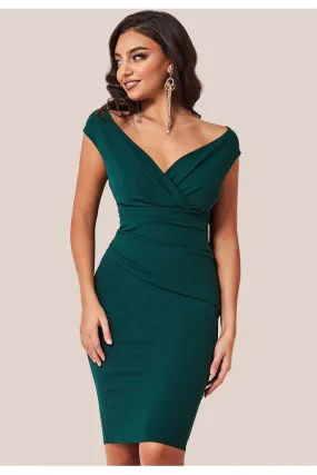 Goddiva Bardot Pleated Midi Dress - Emerald Green