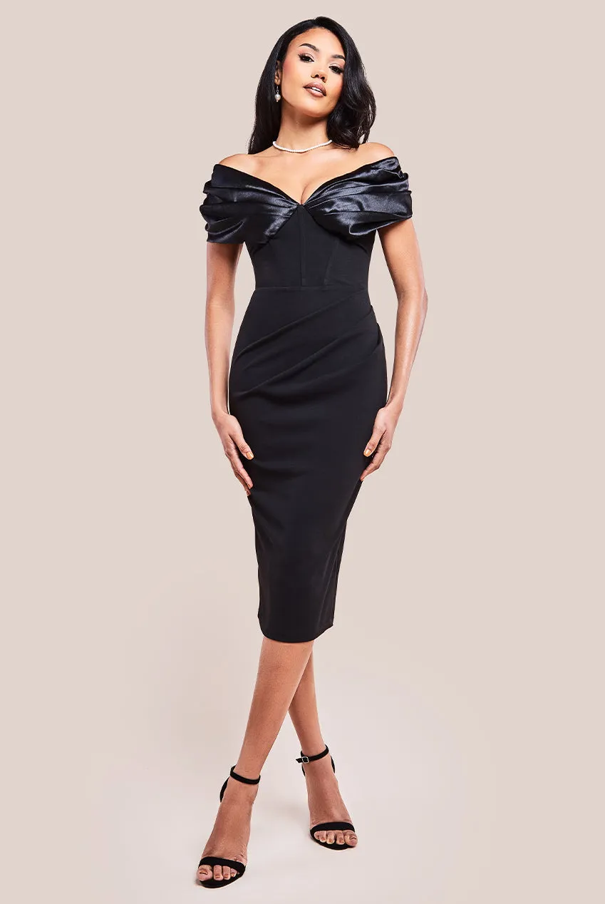 Goddiva Satin & Scuba Off The Shoulder Midi Dress - Black