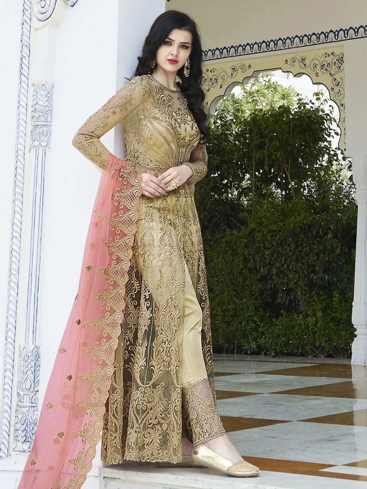 Golden And Peach Embroidered Anarkali Lehenga And Pant Suit