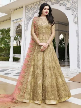 Golden And Peach Embroidered Anarkali Lehenga And Pant Suit