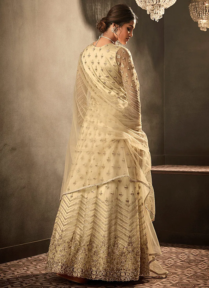 Golden Beige Embroidered Anarkali Gown