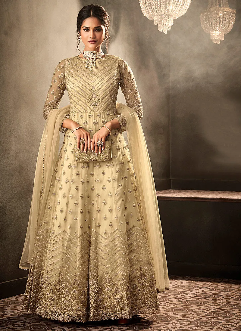 Golden Beige Embroidered Anarkali Gown