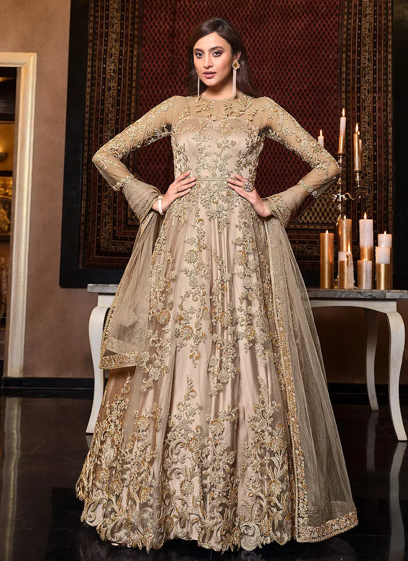 Golden Embroidered Flared Anarkali Suit