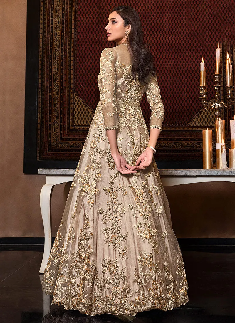 Golden Embroidered Flared Anarkali Suit