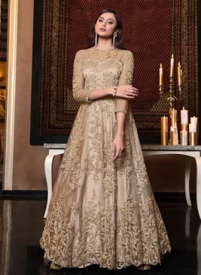 Golden Embroidered Flared Anarkali Suit