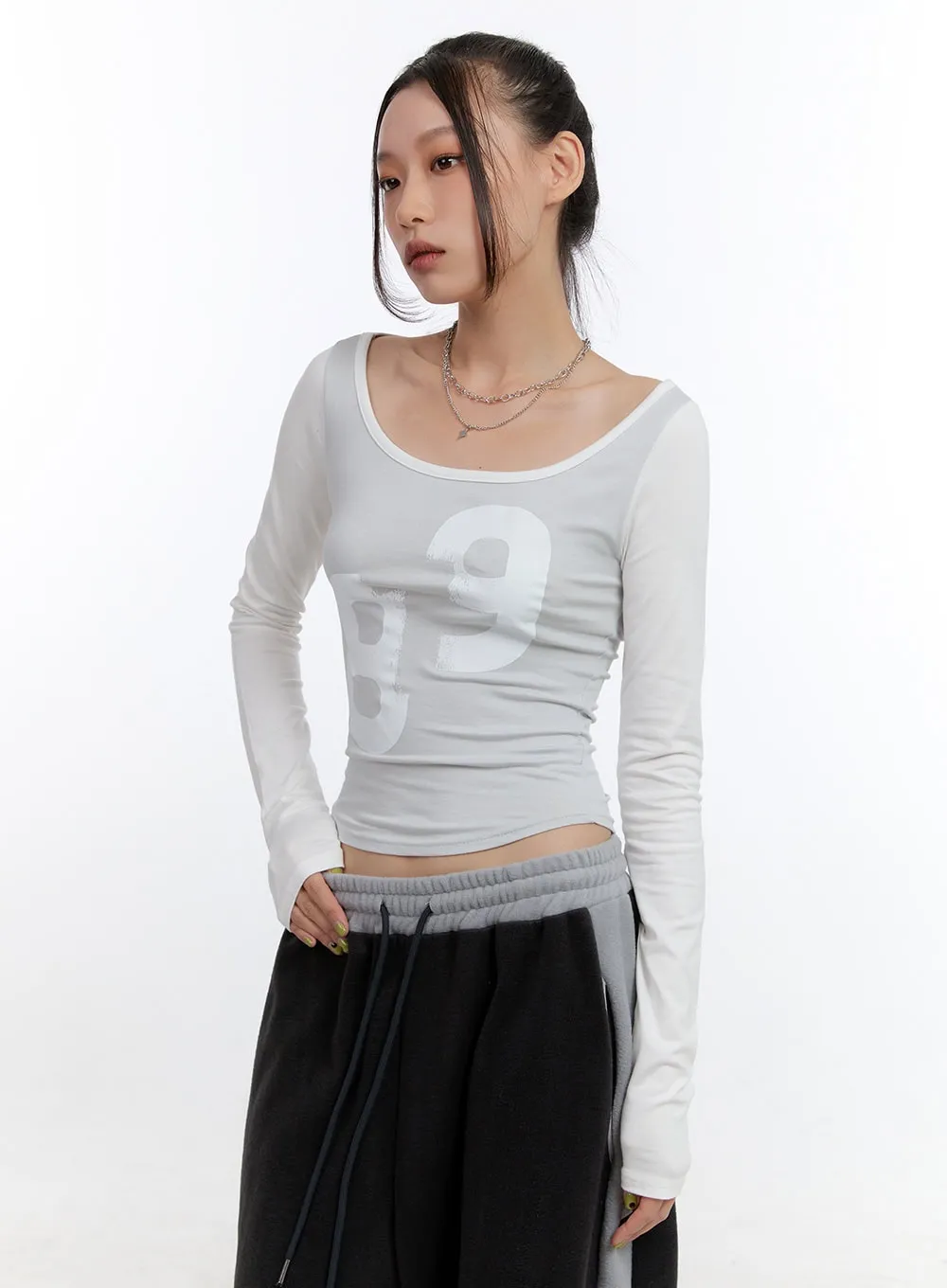 Graphic U-Neck Cut-Out Crop Top CN401