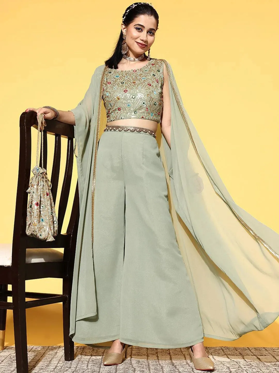 Green Embellished Georgette Top With Palazzos & Shrug