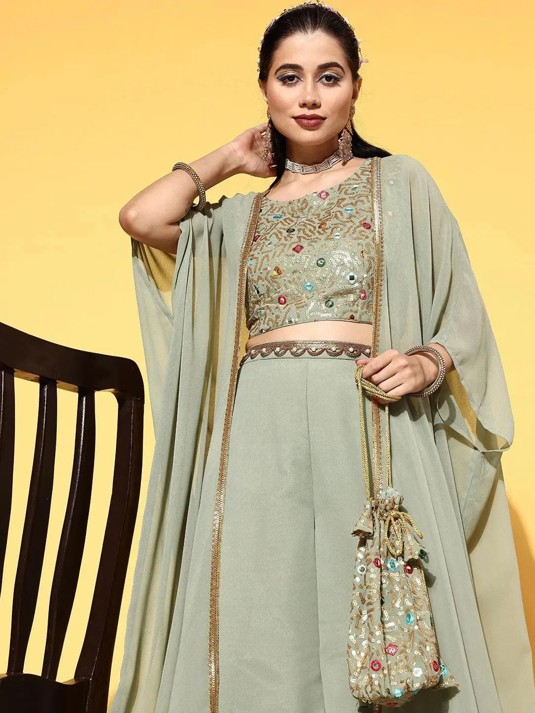 Green Embellished Georgette Top With Palazzos & Shrug