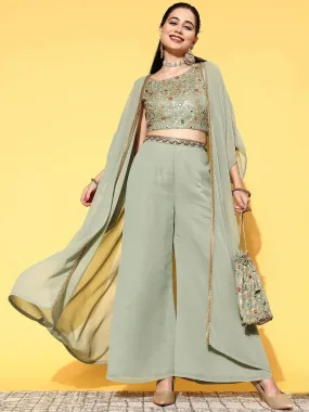 Green Embellished Georgette Top With Palazzos & Shrug