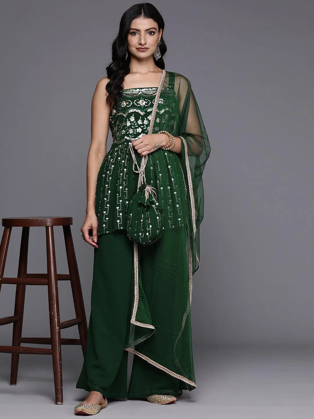 Green Embroidered Georgette A-Line Kurti With Palazzos & Dupatta