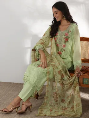 Green Embroidered Organza Straight Suit With Dupatta