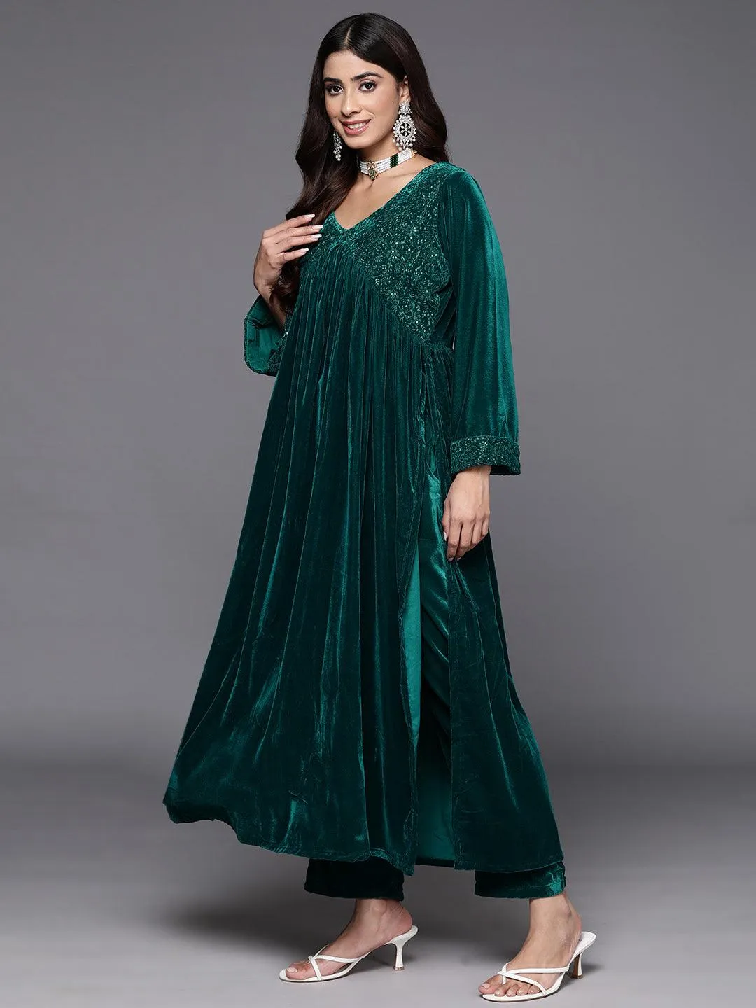 Green Embroidered Velvet A-Line Kurta With Trousers & Dupatta