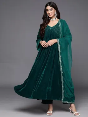 Green Embroidered Velvet A-Line Kurta With Trousers & Dupatta