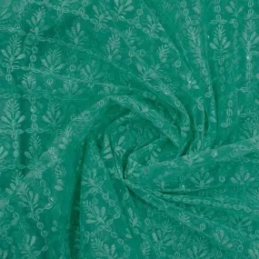 Green Floral Embroidery On Net Fabric