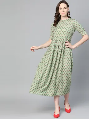 Green Floral printed Maxi dress with Round Neck & gota detailing on sleeves