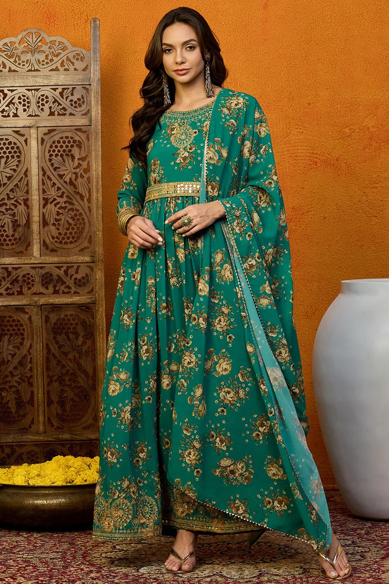 Green Georgette Floral Printed Flared Suit Set