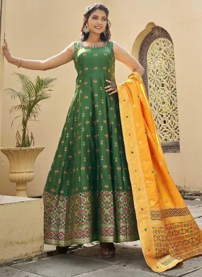 Green Mirror Work Embroidery Silk Anarkali Suit