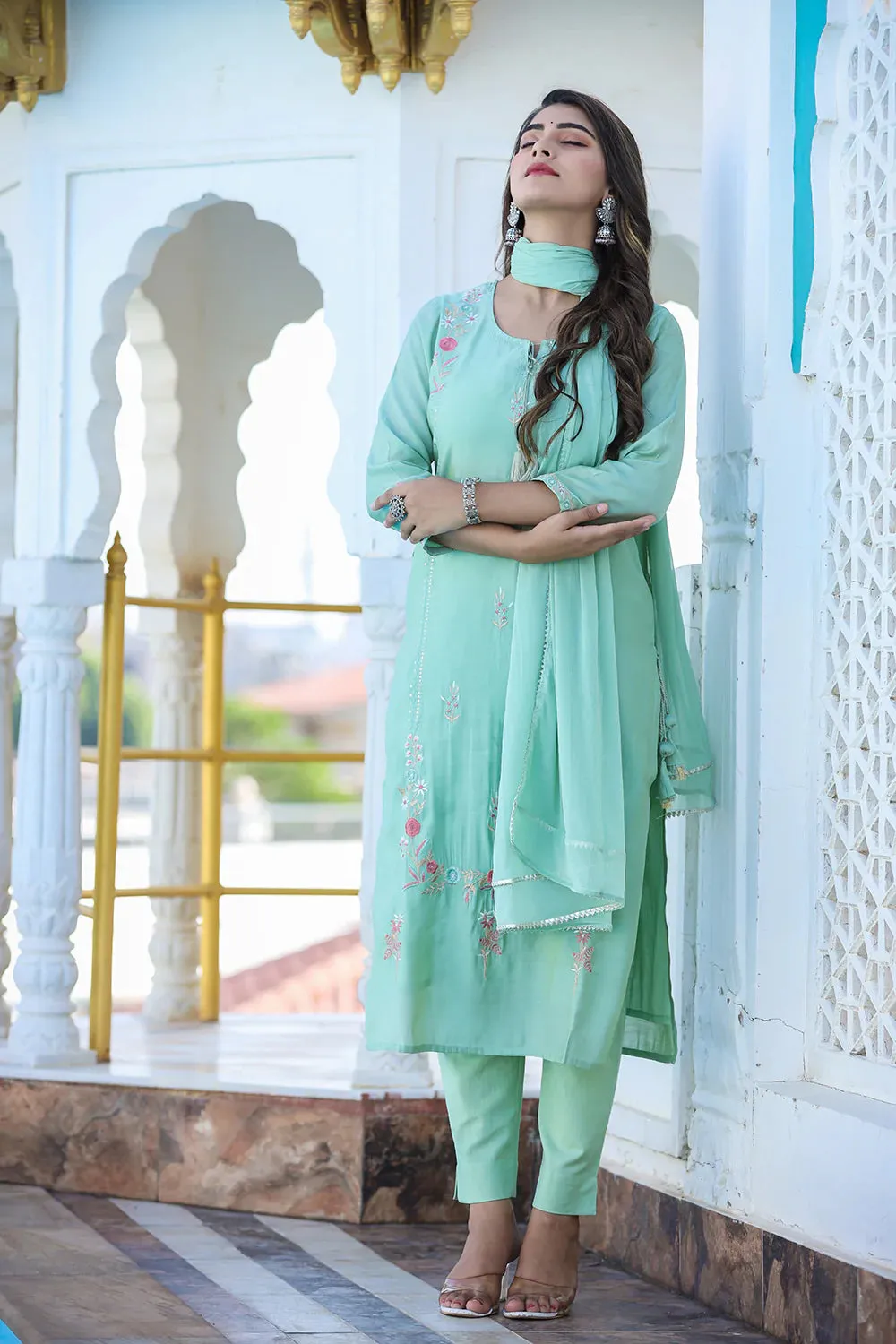 Green Modal Silk Embroidered Suit Set with Dupatta