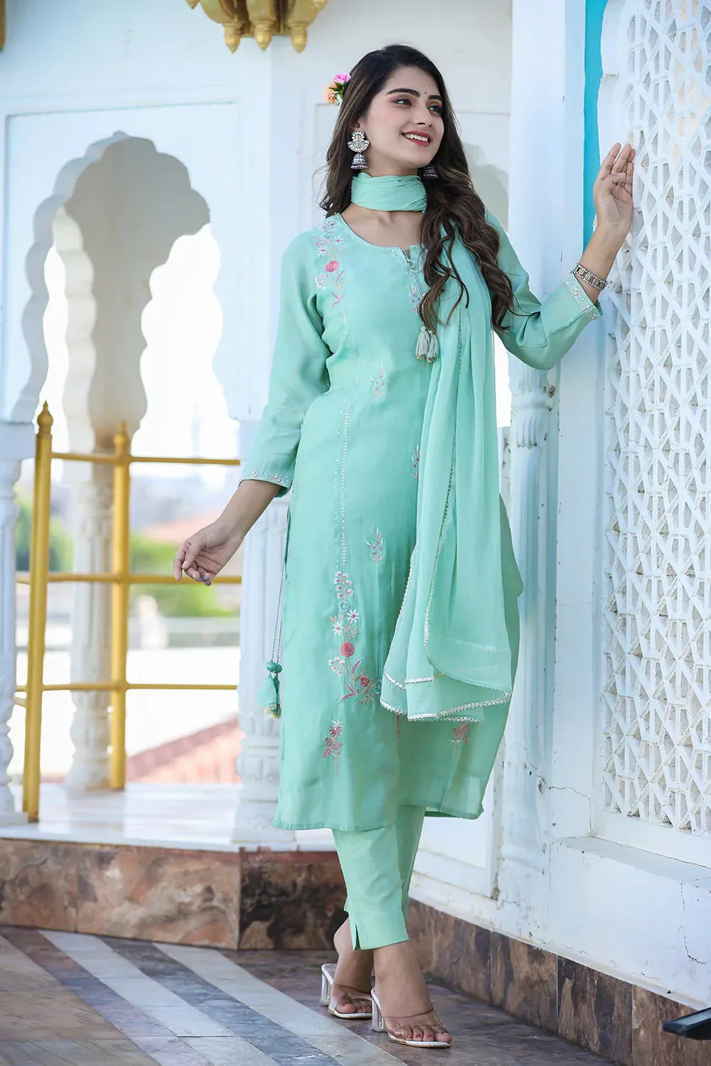 Green Modal Silk Embroidered Suit Set with Dupatta