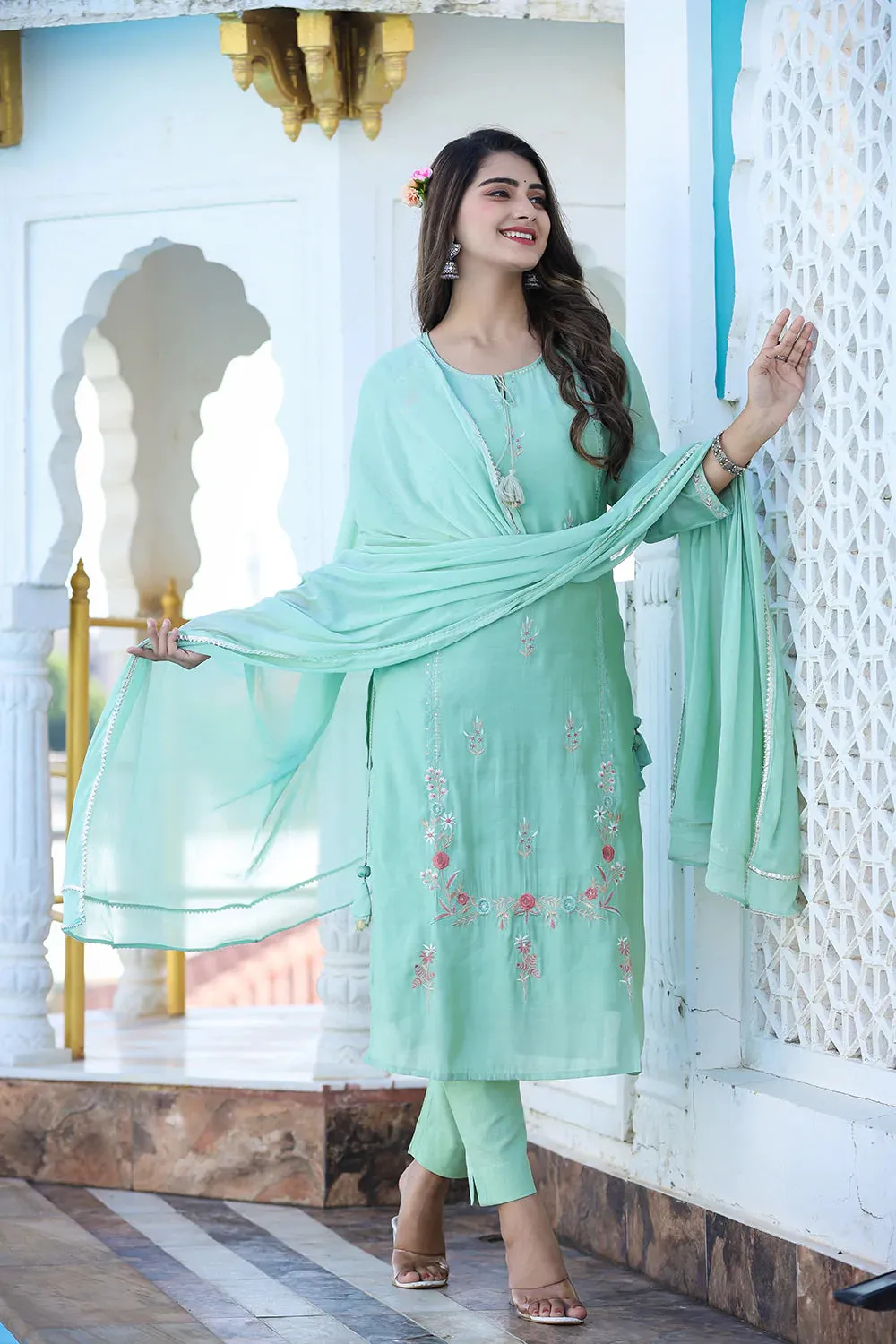 Green Modal Silk Embroidered Suit Set with Dupatta