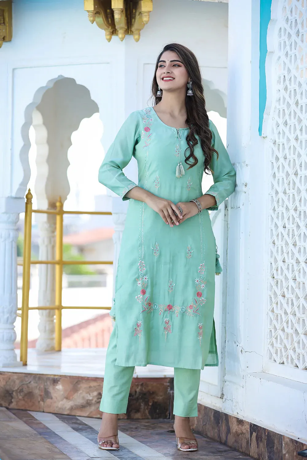 Green Modal Silk Embroidered Suit Set with Dupatta