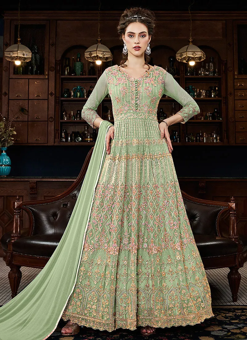 Green Multi Embroidered Traditional Anarkali Gown