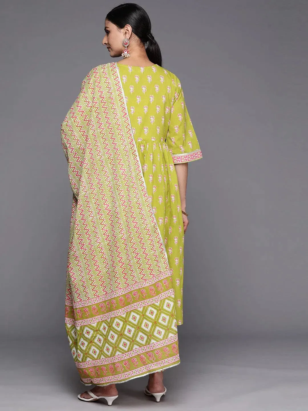 Green Printed Cotton A-Line Kurta With Trousers & Dupatta