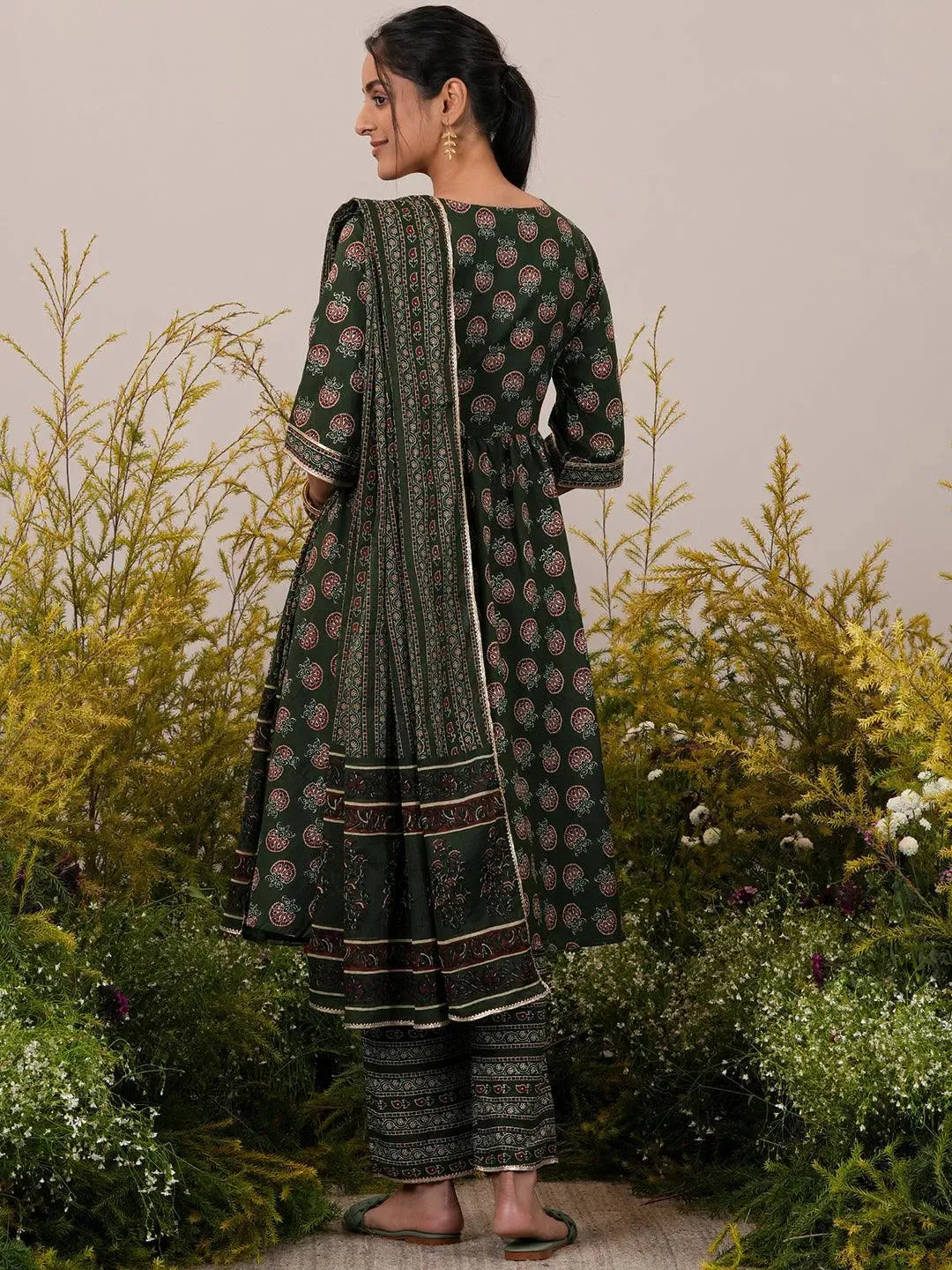 Green Printed Cotton Anarkali Suit With Dupatta