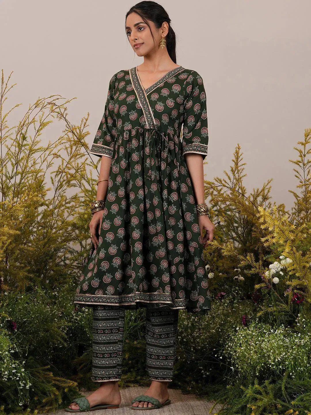 Green Printed Cotton Anarkali Suit With Dupatta