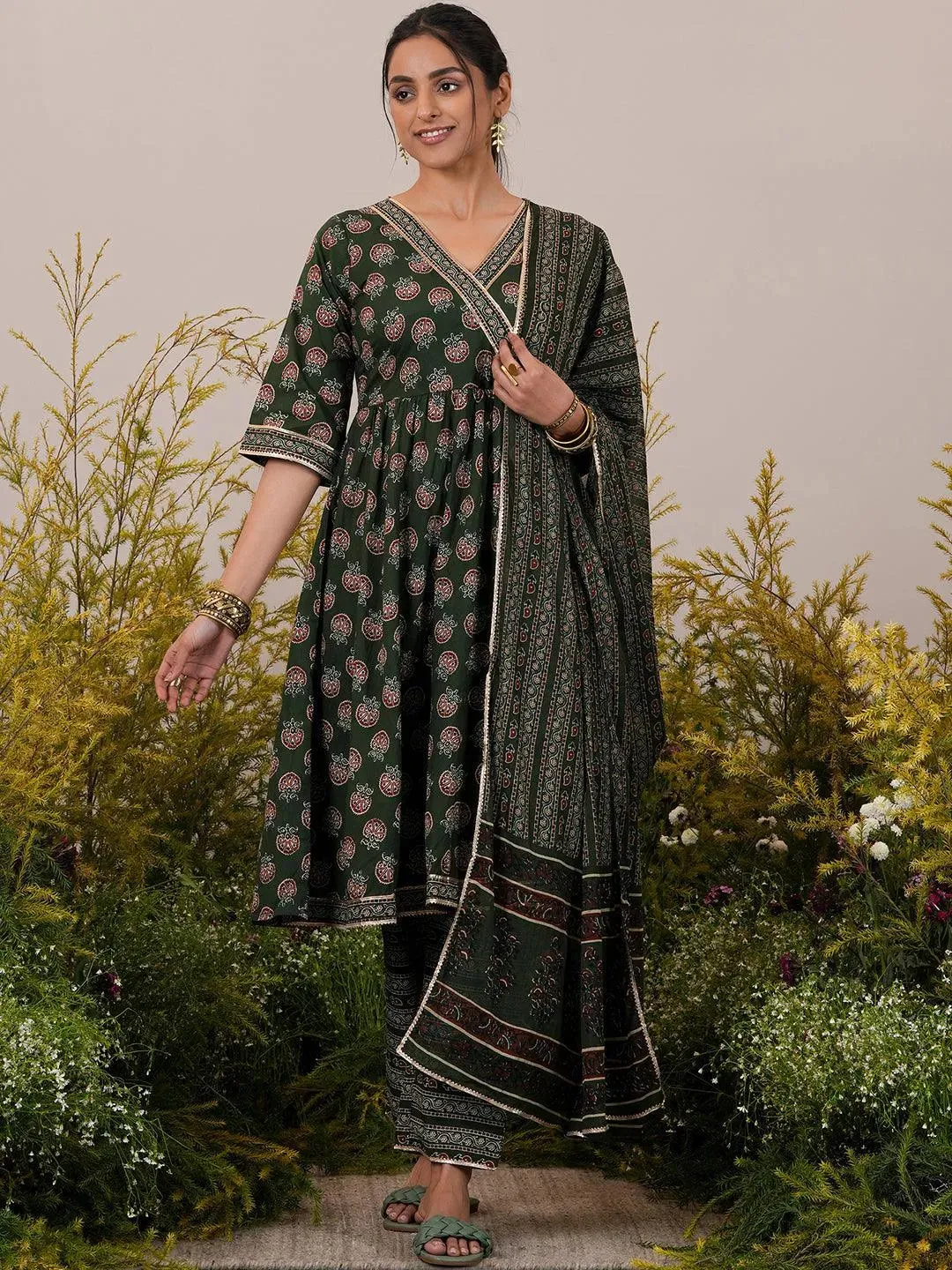 Green Printed Cotton Anarkali Suit With Dupatta