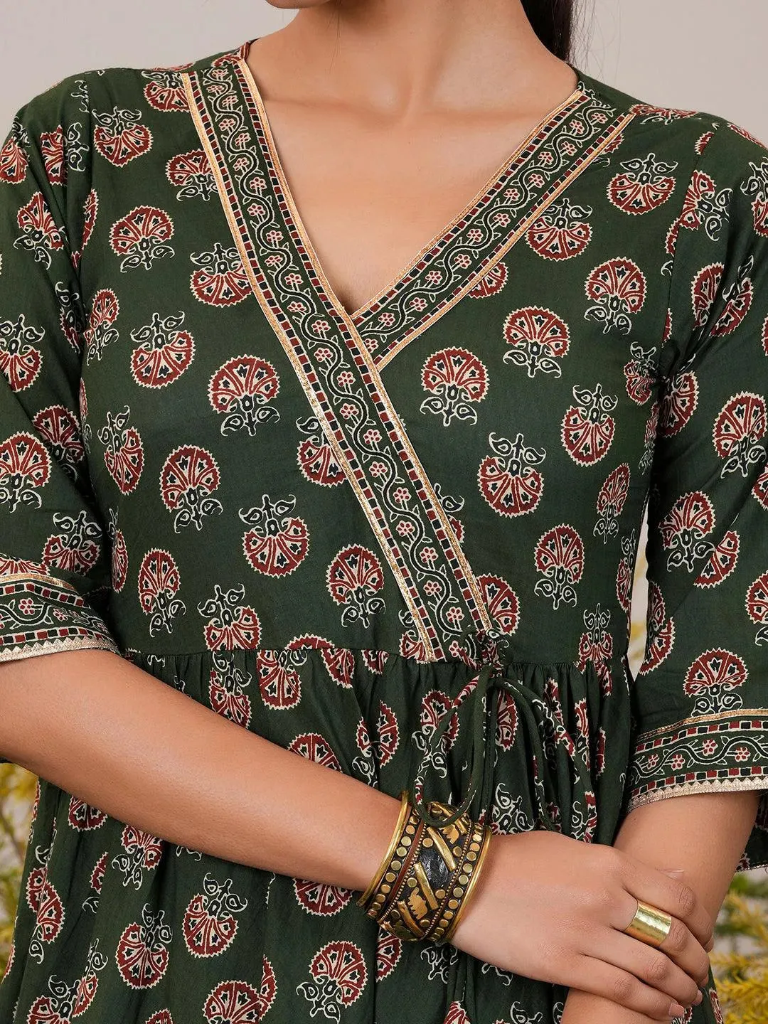 Green Printed Cotton Anarkali Suit With Dupatta