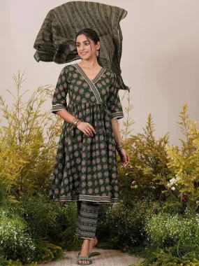 Green Printed Cotton Anarkali Suit With Dupatta