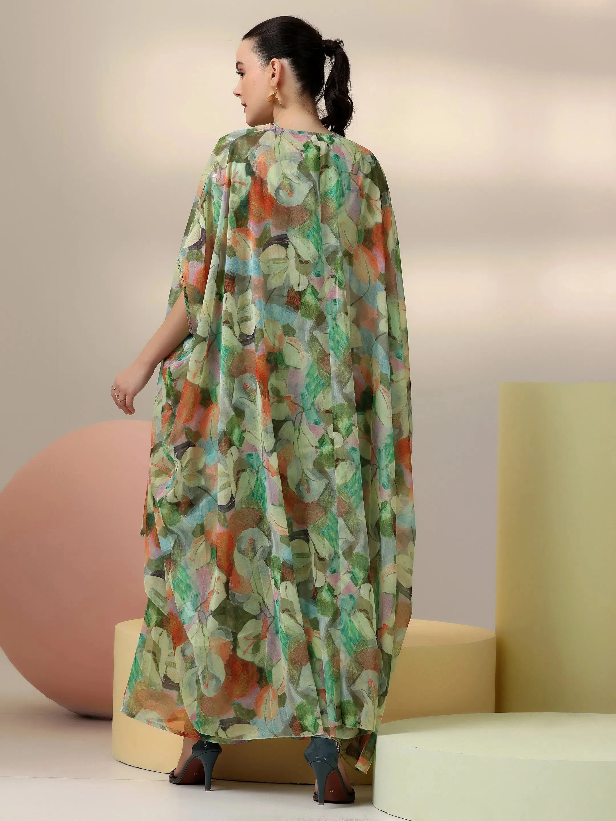 Green Printed Polyester 3 Piece Co-Ords