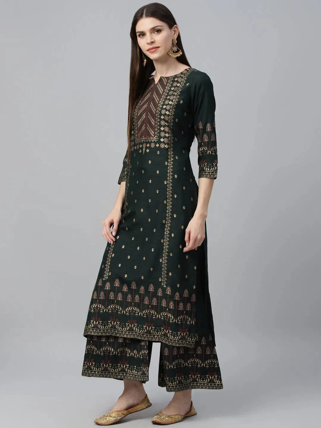 Green Printed Polyester Straight Kurta With Palazzos & Dupatta