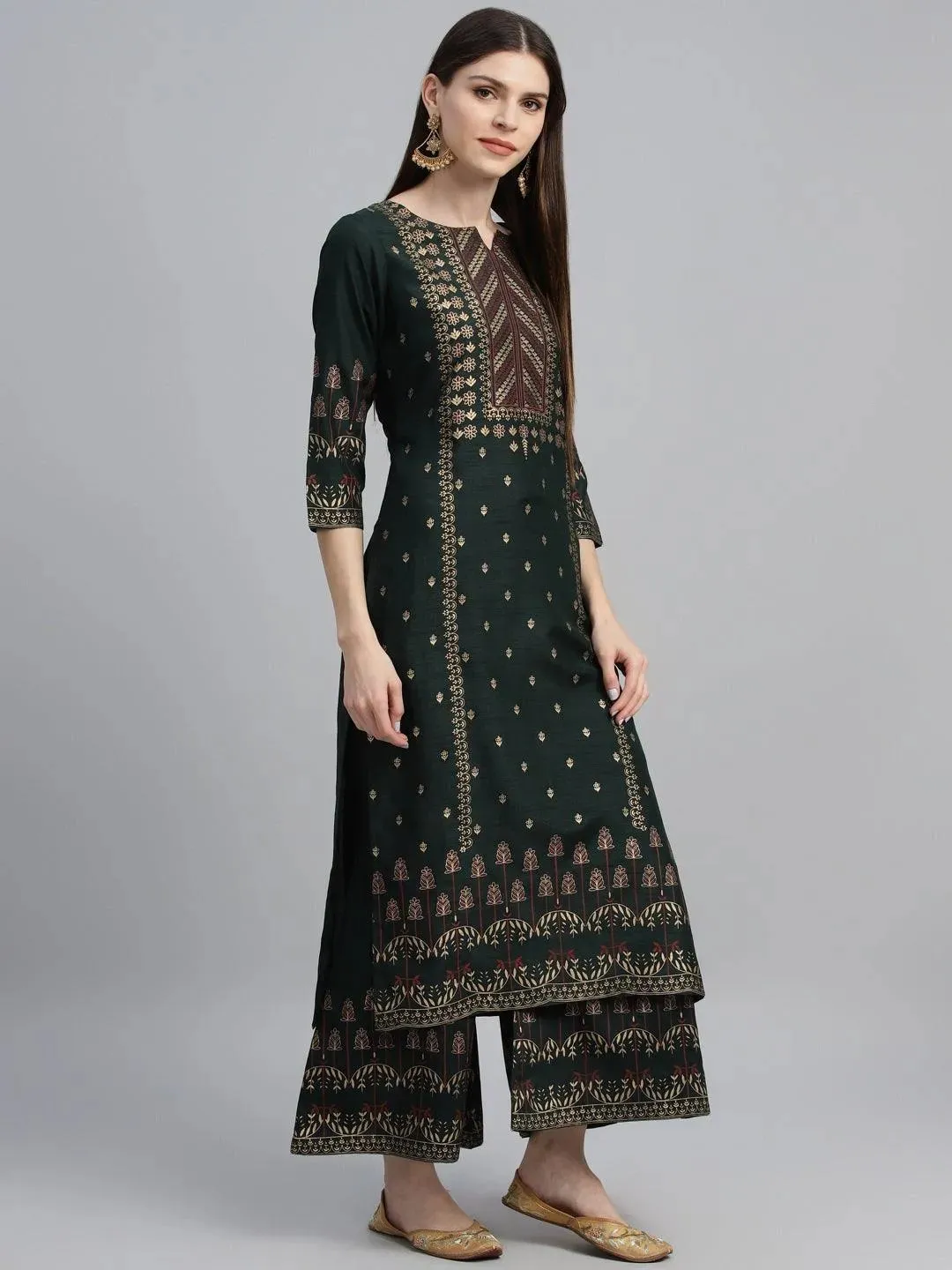 Green Printed Polyester Straight Kurta With Palazzos & Dupatta